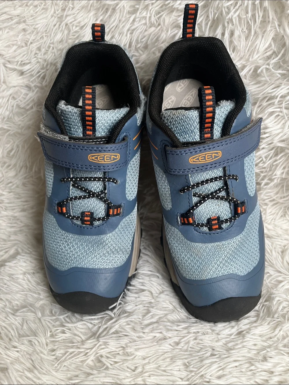 Keen Kids Light Blue and Navy Velcro Sneaker with Orange Accents